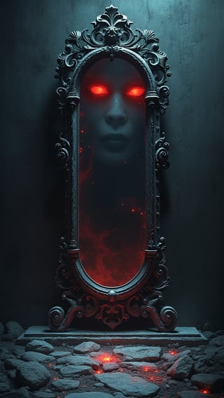 Sinister Ancient Mirror with Red Eyes