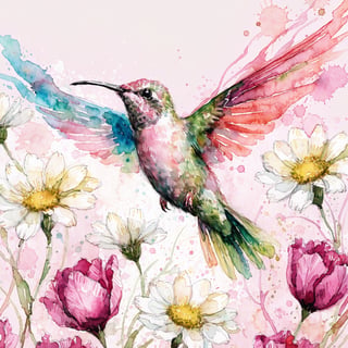 Watercolor Hummingbird and Flowers