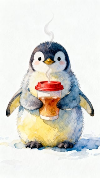 Watercolor Baby Penguin with Tea