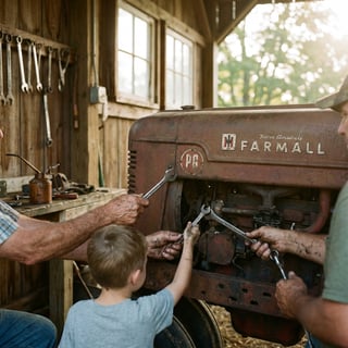 Vintage Tractor and Tools in Morning Light