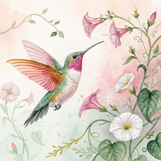 Watercolor Hummingbird with Flowers