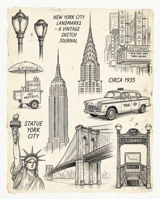 Vintage NYC Landmarks Ink Sketch