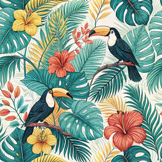 Tropical Pattern with Palm Leaves and Flowers