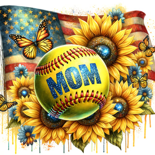 Vibrant Softball with American Flag and Butterflies