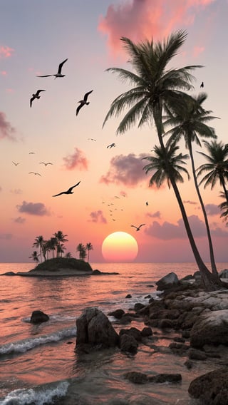 Tropical Sunset Painting with Palm Trees