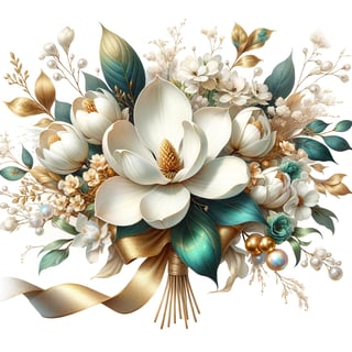 Watercolor White Gold Magnolia Flowers