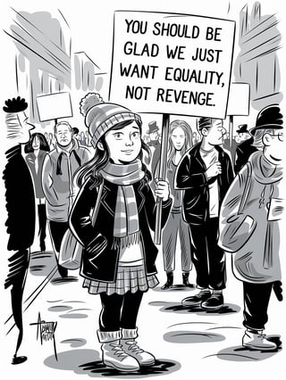 Cartoon Protest Scene with Teenage Girl
