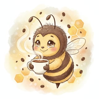 Whimsical Cartoon Bee Hugging Coffee