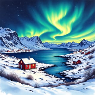 Tromso Northern Lights Watercolor Art