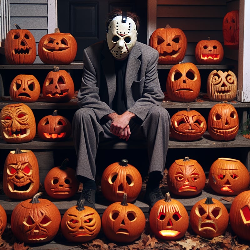 Michael Myers on Porch with Jack-o’-lanterns
