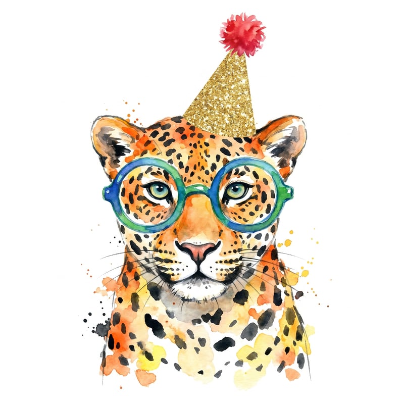 Watercolor Leopard with Party Hat