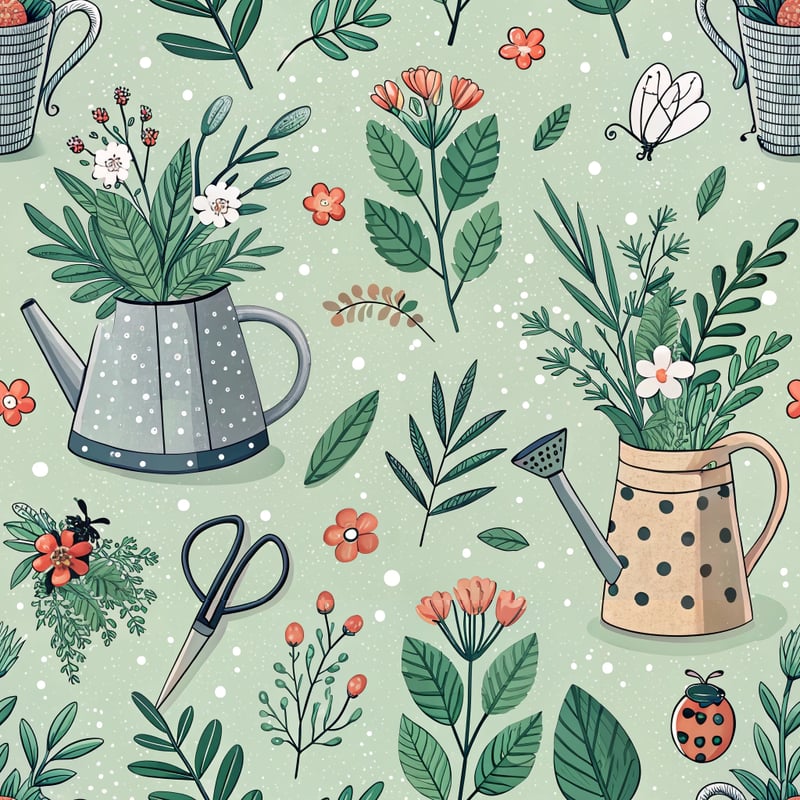Seamless Floral Watering Can Pattern