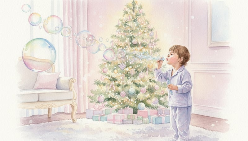 Child Blowing Bubbles by Christmas Tree
