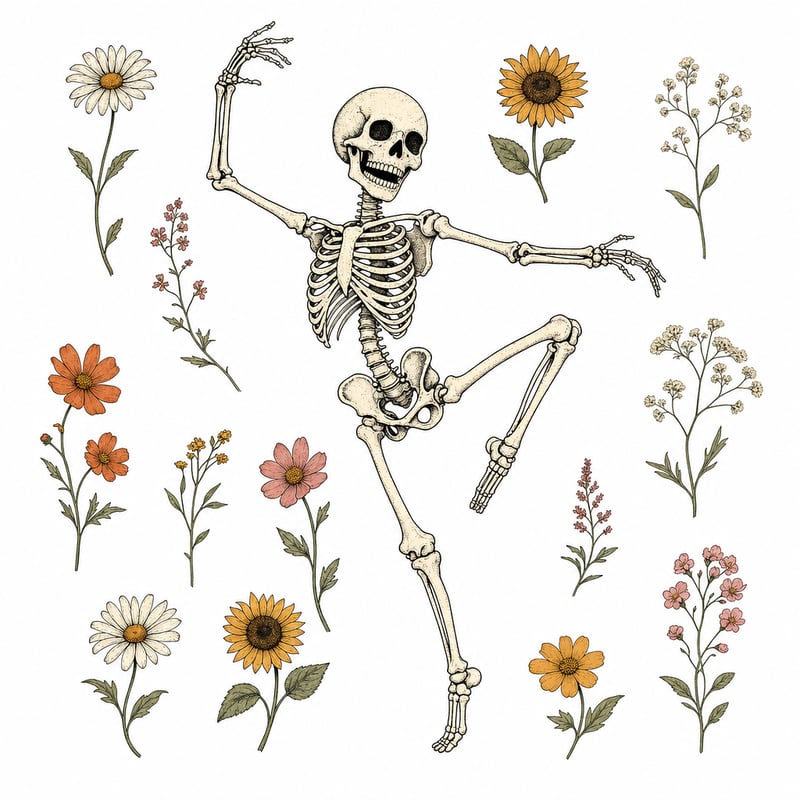 Vintage Dancing Skeleton with Wildflowers