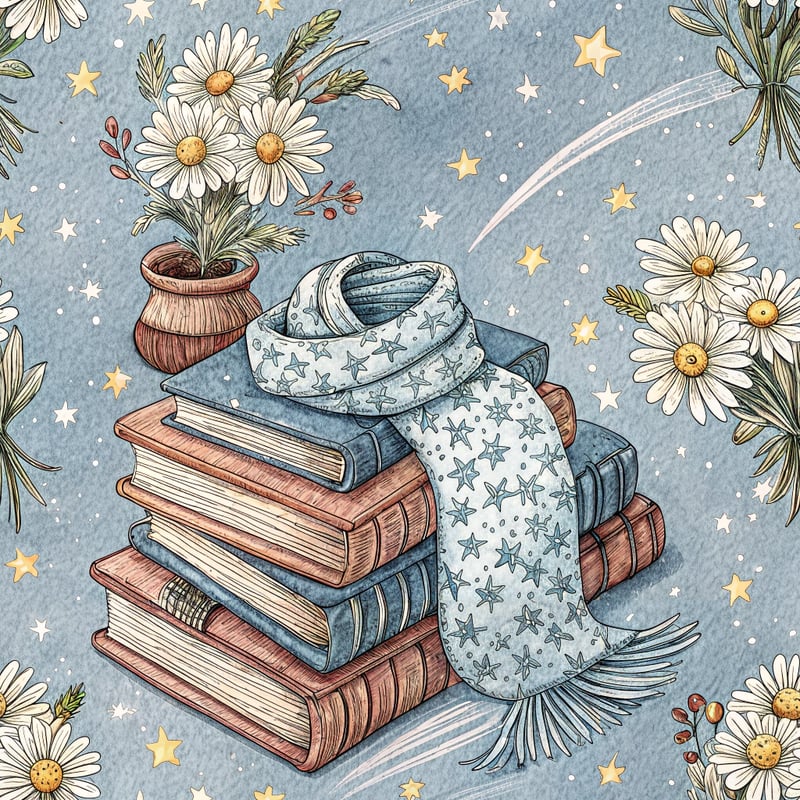 Cozy Books with Chrysanthemums and Stars