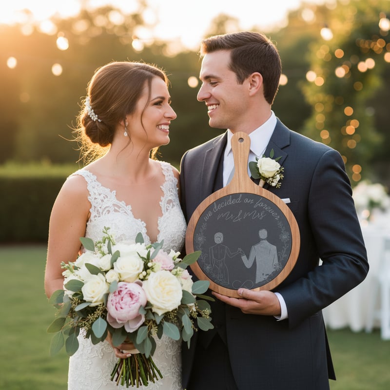 Bride and Groom Holding Wedding Board