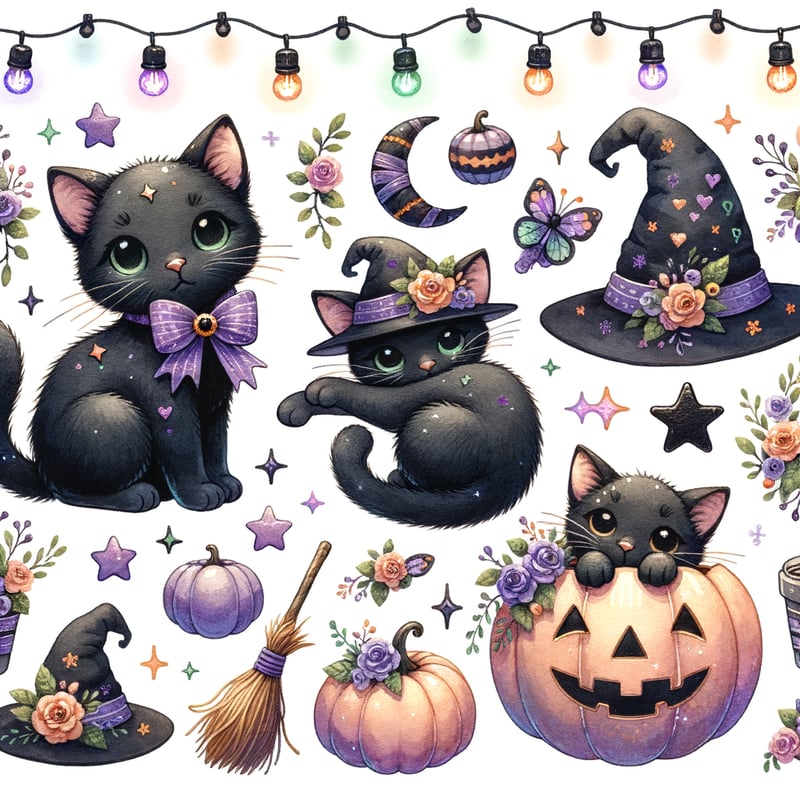 Watercolor Halloween Cat Sticker Set