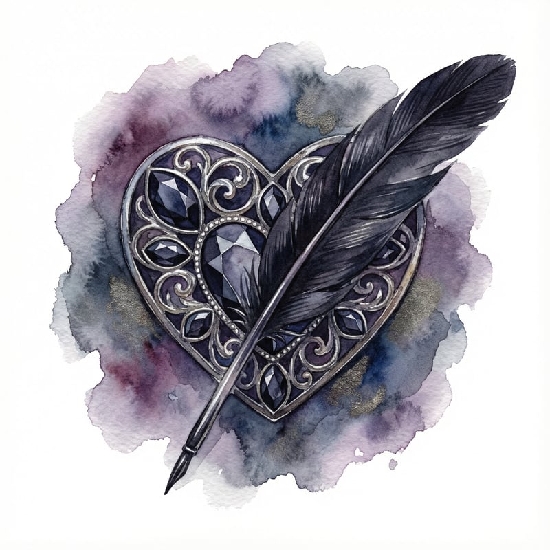 Gothic Rhinestone Heart with Feather Quill