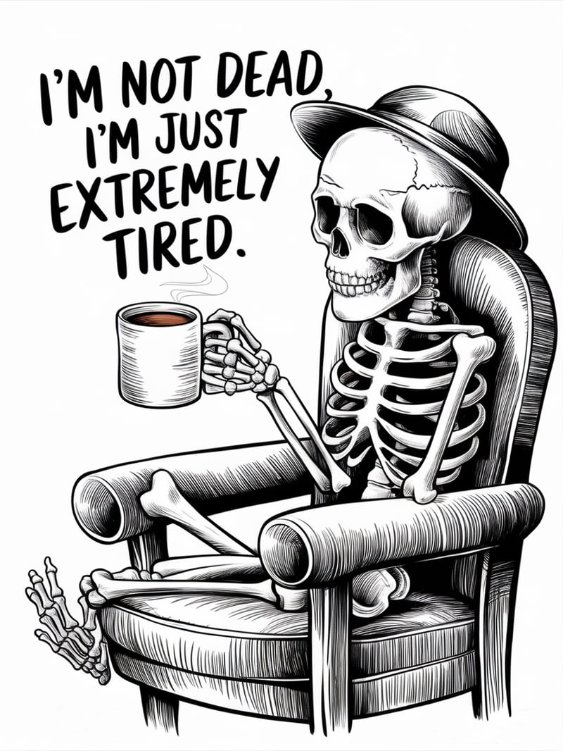 Hand-Drawn Skeleton with Coffee Mug