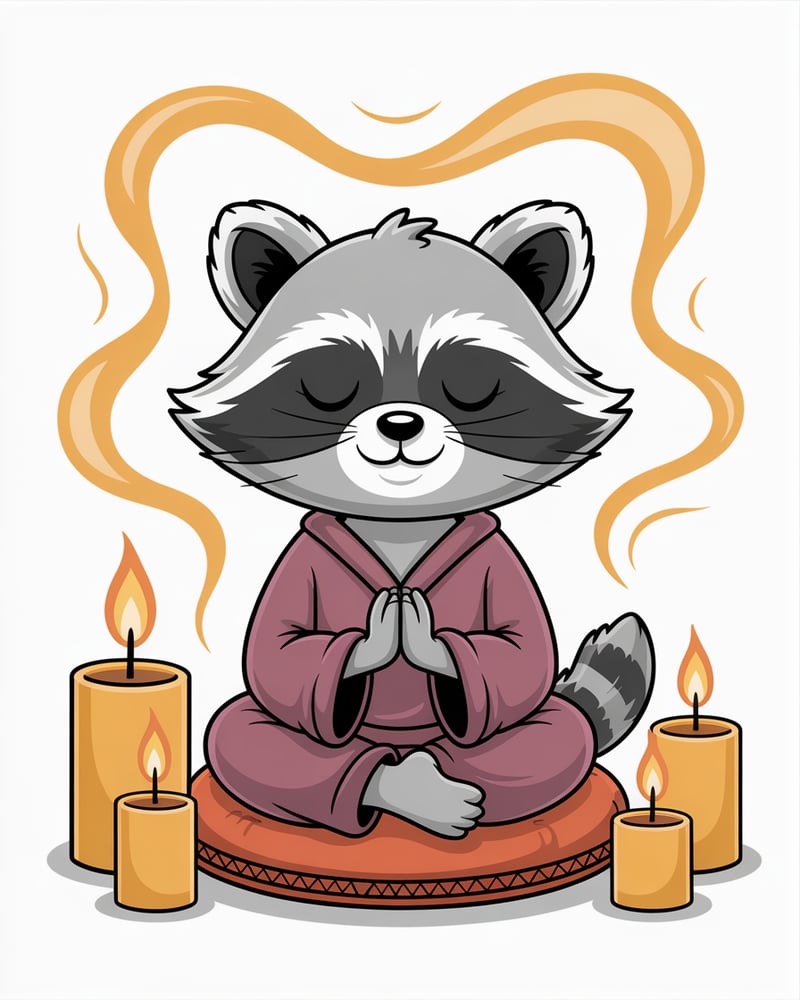 Funny Cartoon Raccoon Meditating