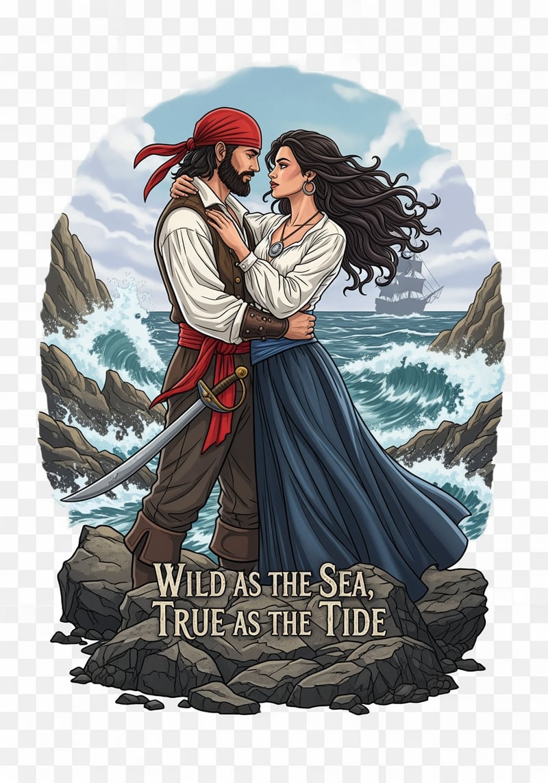 Pirate Couple Embrace on Rocky Coast