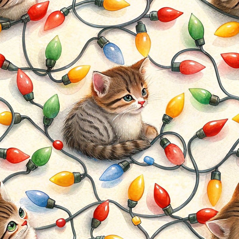 Tiny Kitten with Christmas Lights