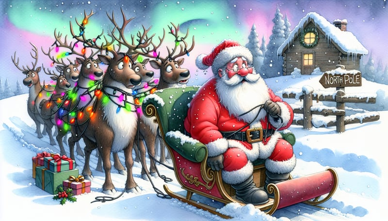Whimsical Santa and Tangled Reindeer Scene