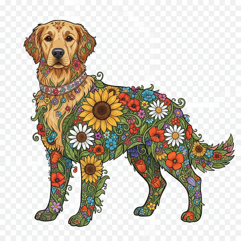 Boho Floral Golden Retriever Illustration