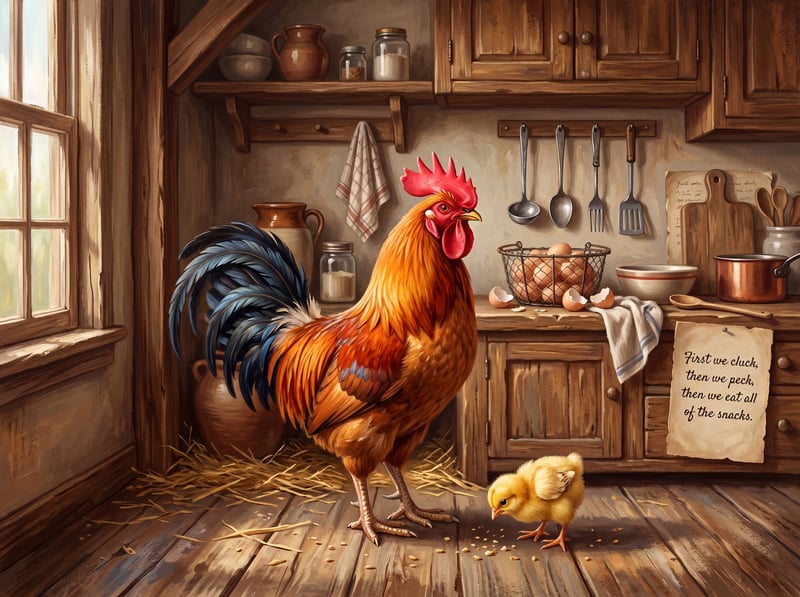 Rooster and Chicken in Rustic Kitchen