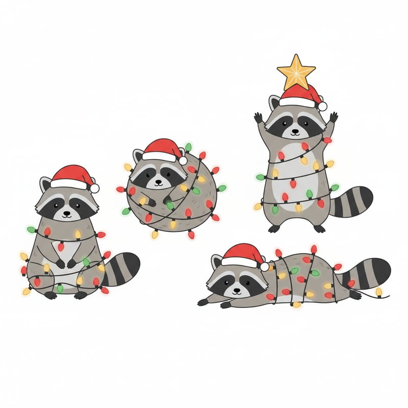 Raccoons Wrapped in Christmas Lights