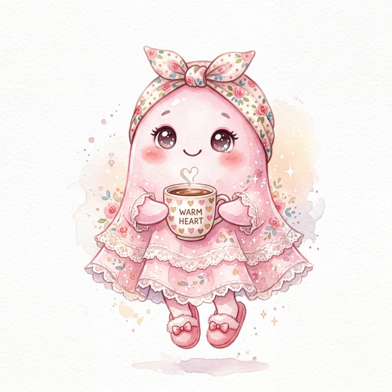 Pink Ghost with Coffee Illustration