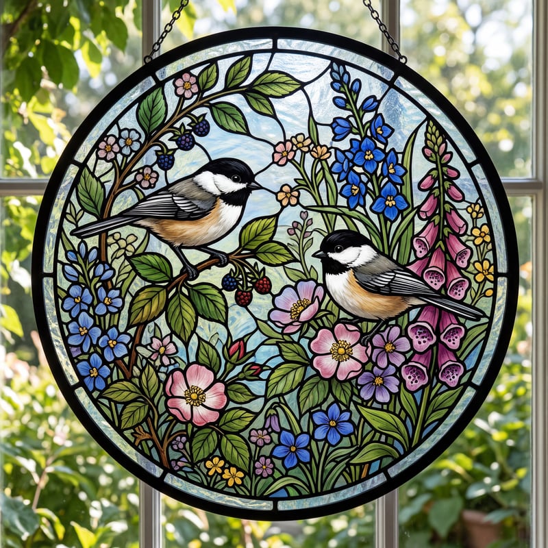 Stained Glass Chickadee Illustration