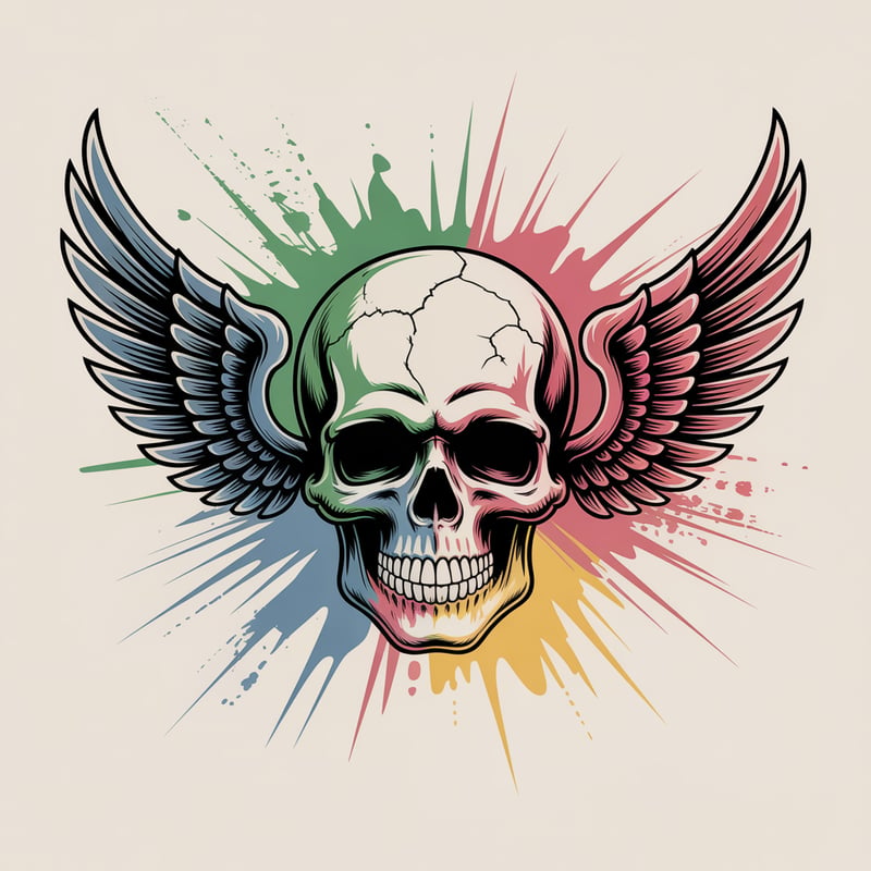 Retro Rock and Roll Winged Skull Design