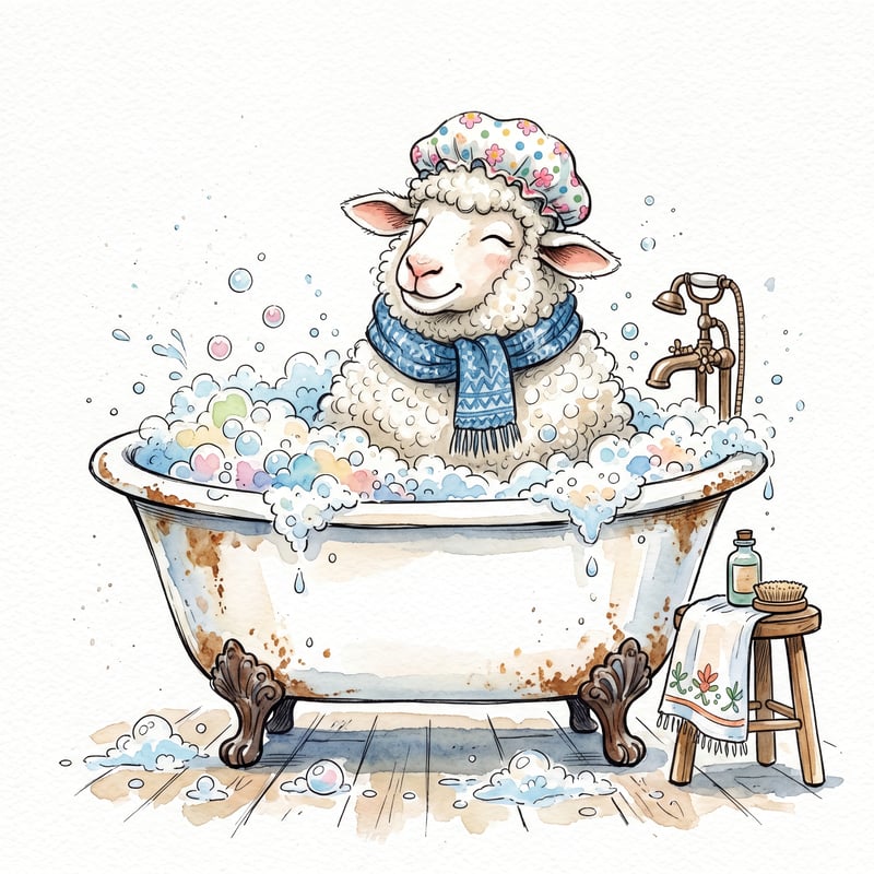 Whimsical Sheep in Bathtub Illustration