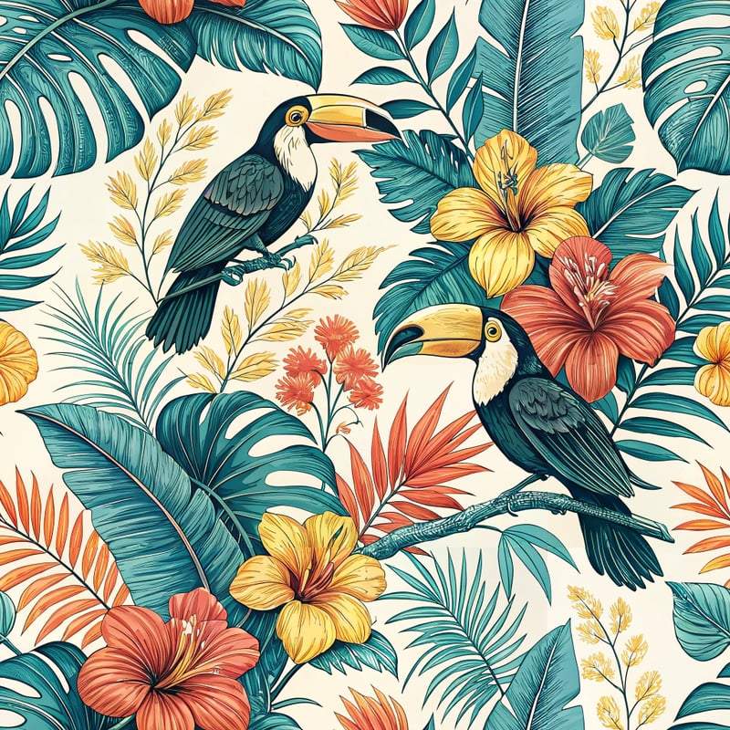 Tropical Pattern with Palm Leaves and Flowers