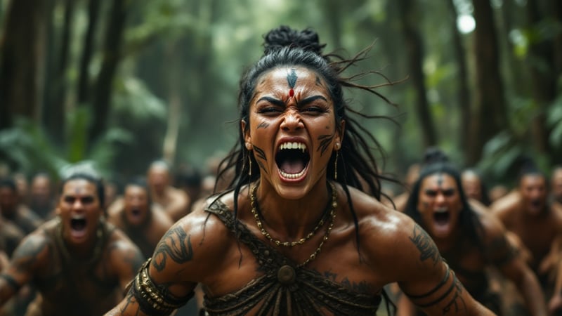 Māori Woman Performing Powerful Haka