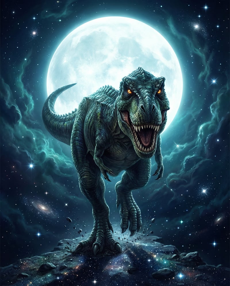 Surreal Dinosaur Under Glowing Moon