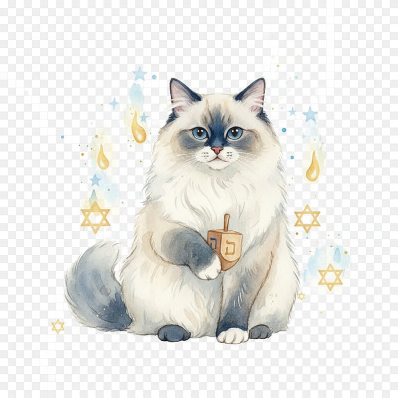 Watercolor Ragdoll Cat with Dreidel