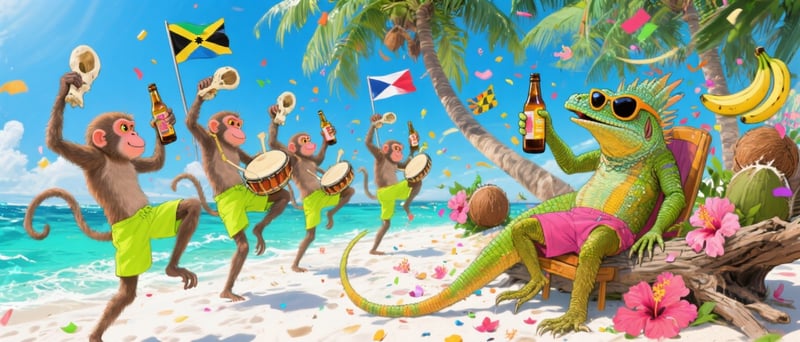 Tropical Cartoon Monkeys and Iguana Party