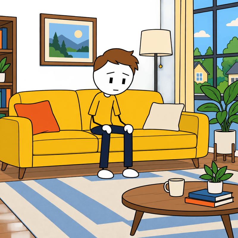 Flat 2D Cartoon: Alex on Mustard Sofa