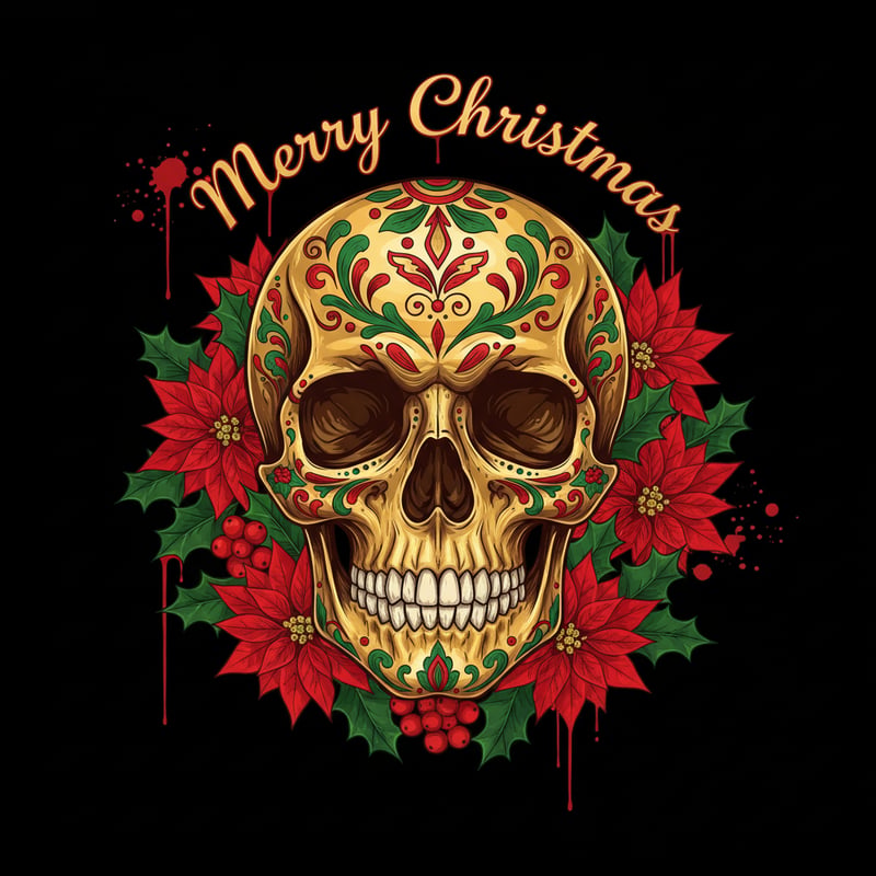 Artistic Christmas Skull with Poinsettias