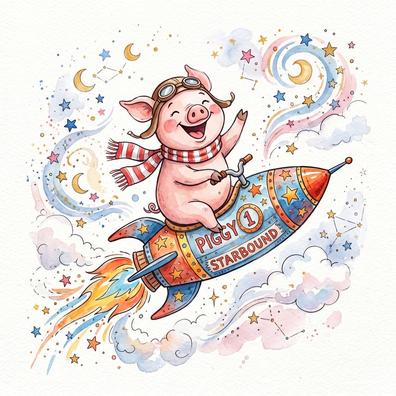 Pig Riding Toy Rocket Illustration