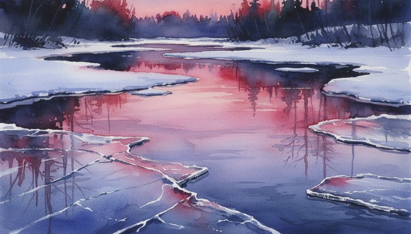 Reflected Dusk on Ice Watercolor