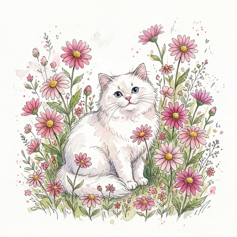 Whimsical Cat with Pink Daisies