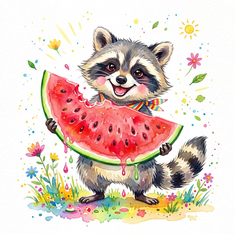 Cheerful Watercolor Raccoon with Watermelon