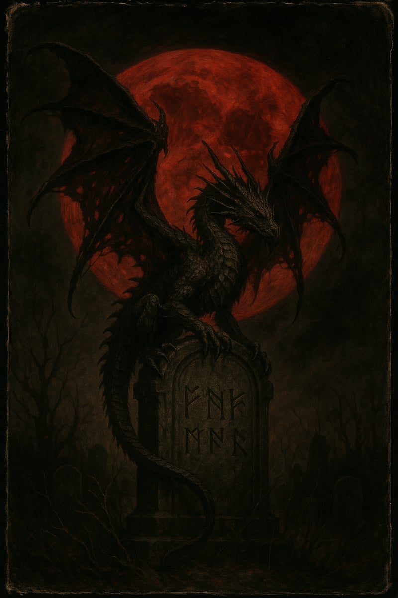 Dragon on Gravestone with Red Moon