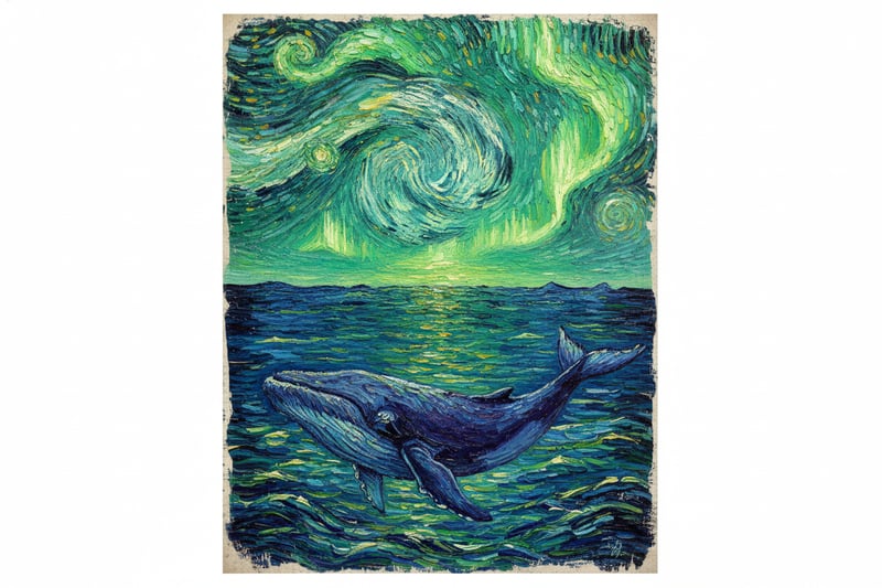 Whale Beneath Auroras in Van Gogh Style