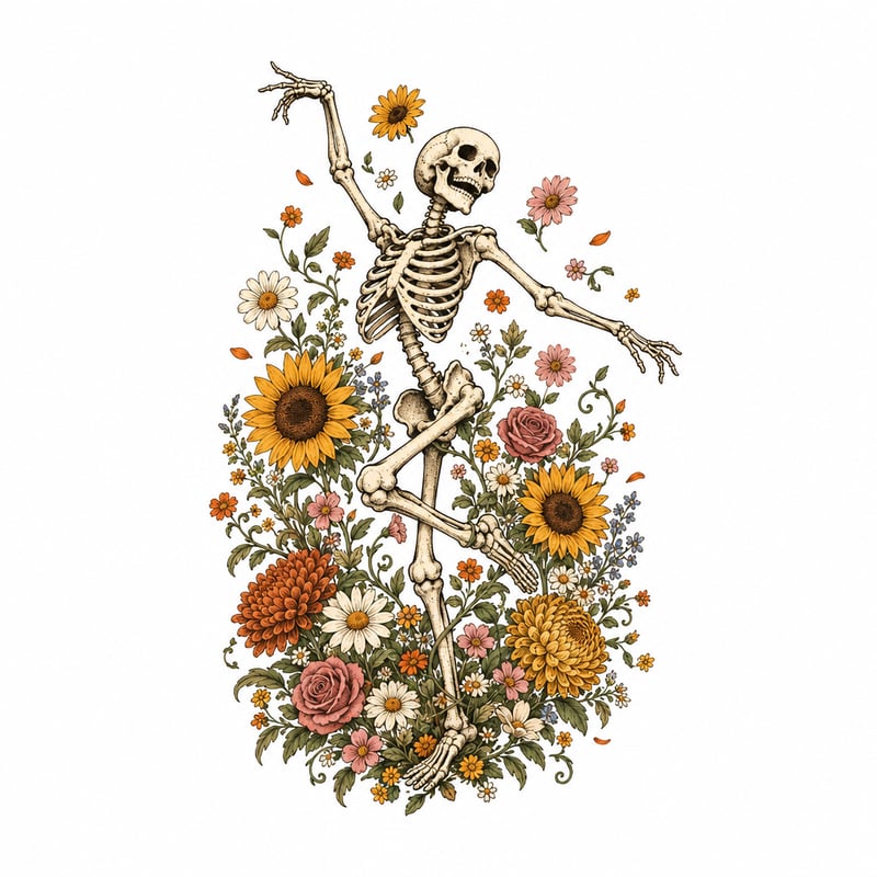 Vintage Halloween Skeleton Floral Art