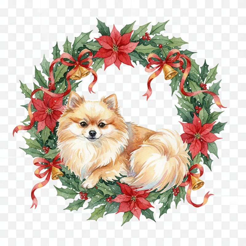 Watercolor Pomeranian in Christmas Wreath