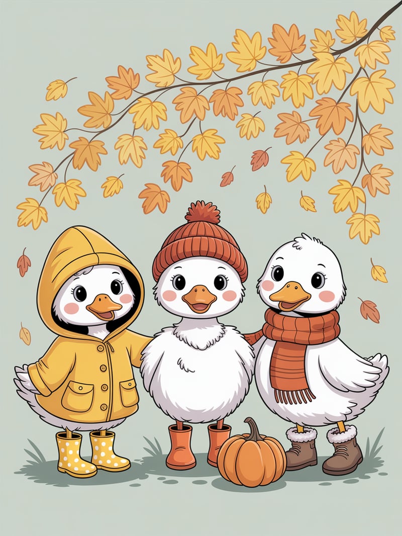Cartoon Ducks in Autumn Attire